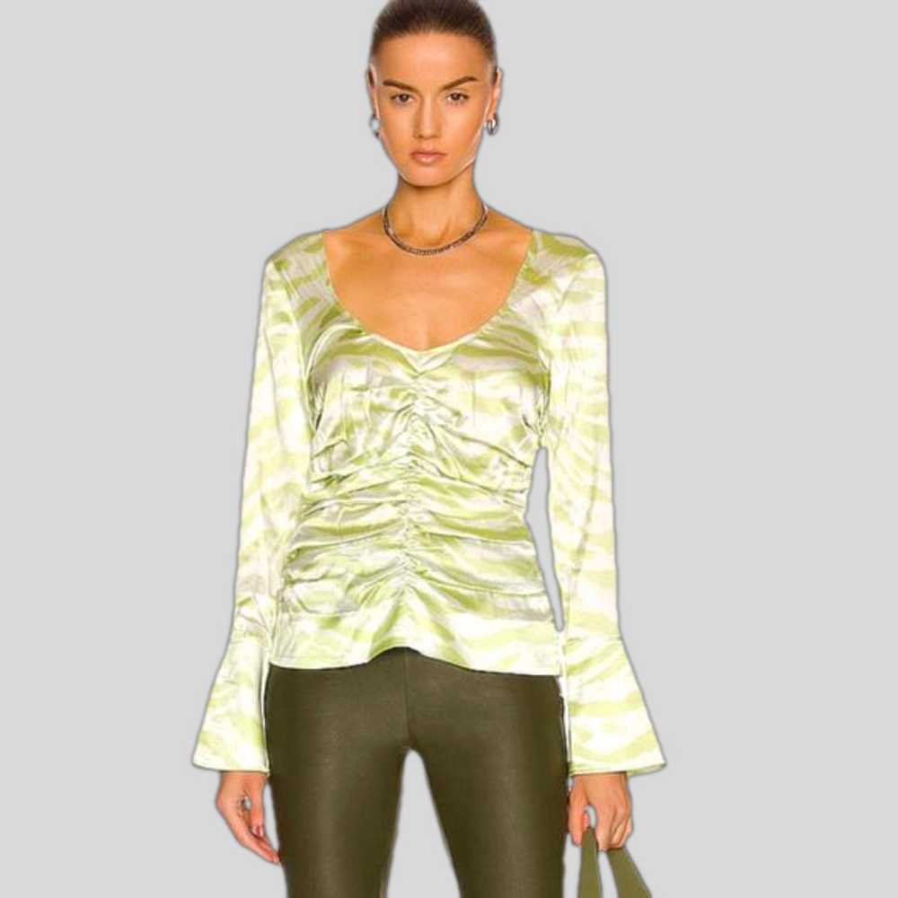 Ganni Light Green Zebra-Print Silk Top